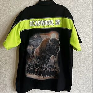 Biker Apparel Men XL Liquid Blue Black Button Shirt Deadwood SD Bison‎ Print